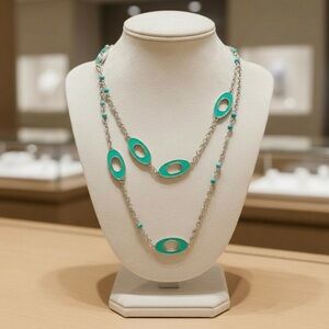 Teal silver chain 36” necklace‎